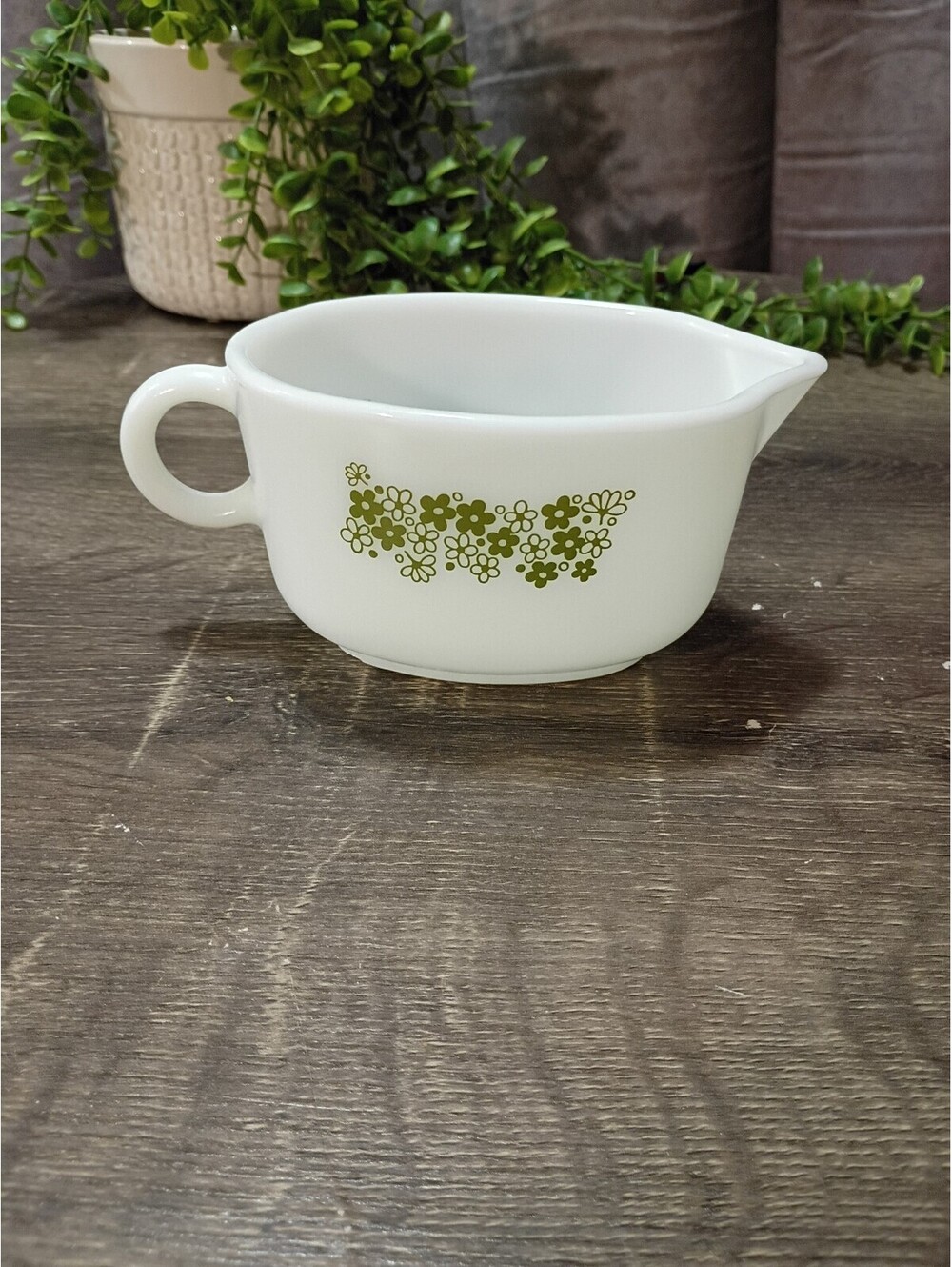 Vintage Pyrex Milk Glass Creamer Pitcher with Green Floral Pattern